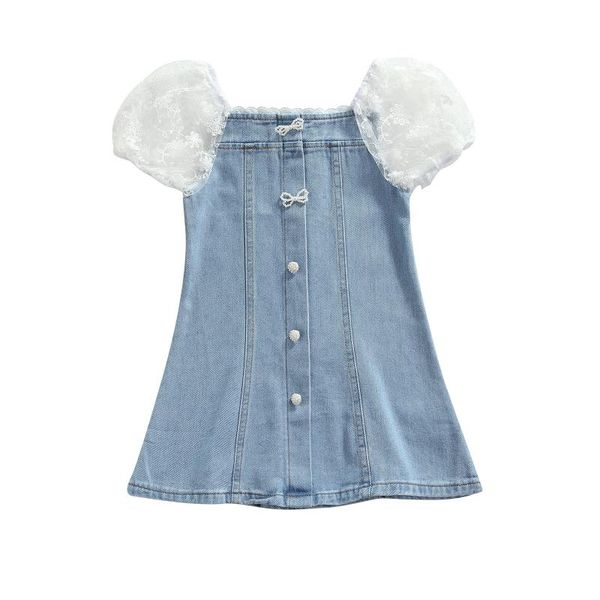 

girl's dresses 2021 summer little girl\u2021s casual short sleeve denim dress fashion solid color lace stitching a-line sell, Red;yellow