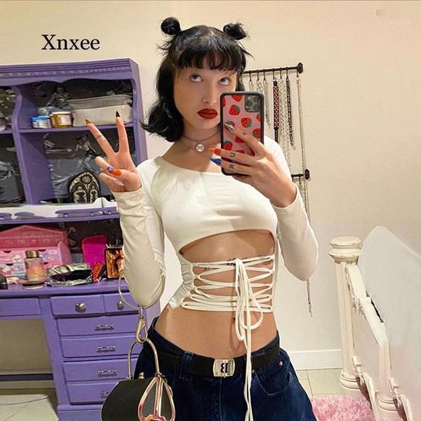 

women's t-shirt fashion lace up front crop for women solid skew collar hollow out long sleeve t-shirts 90s e-girl style white clothing