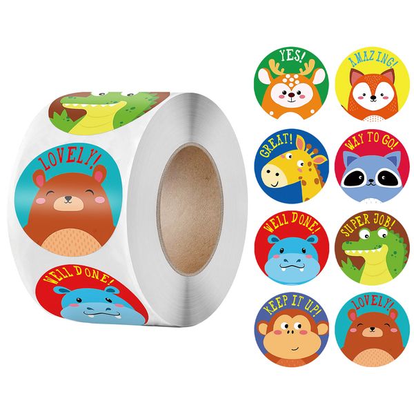 

500pcs/roll Reward Sticker Cartoon Animals for Kids 1 Inch 8 Designs School Teacher Supplies Encouragement Motivational Stickers