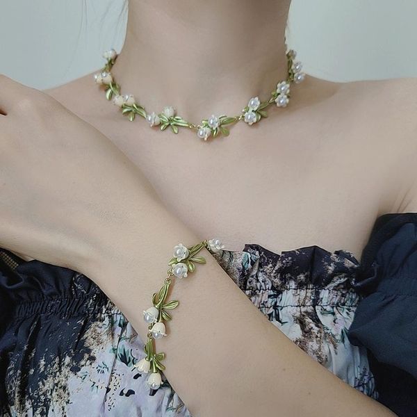 

chokers lifefontier elegant bell orchids choker necklaces for women white flowers green enamel plant pearl necklace wedding jewelry gift, Golden;silver