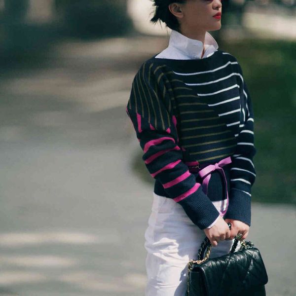 

sweaters high-end soft wool knit sweater women's pullover o-neck batwing sleeve contrast stripes casual knitwear fashion jumper, White;black