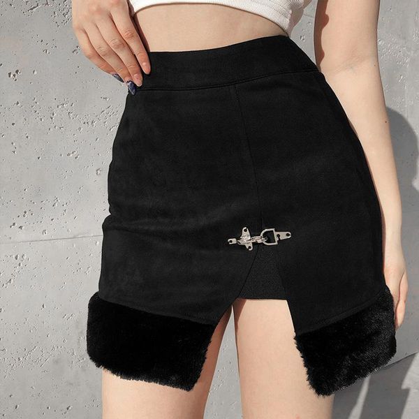 

skirts black skirt women 2021 spring women's fashion solid fur stitching bottoms female cross skinny mini patchwork streetwear