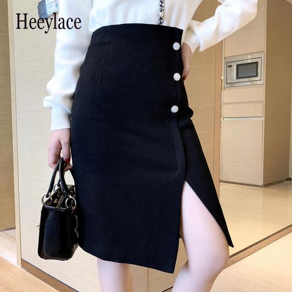 

women skirt spring autumn 2021 work wear side split sheath korean ol buttons high waist pencil wrap elegant lady midi skirts, Black
