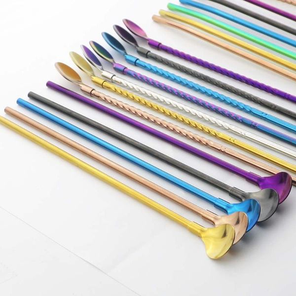 

Colorful Reusable Scoop Long Straw 4Pcs Stainless Steel Mike Tea Bar Cocktail Portable Stirring Drink Straws Tools Drinking