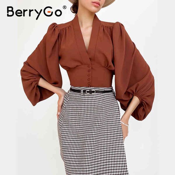

berrygo elegant spring lantern long sleeve blouse lady women button up shirt vintage chic slim-fit cropped shirts 210513, White