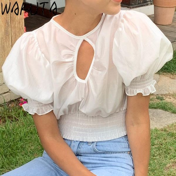 

women's blouses & shirts wakuta front hollow out women glitter elastic slim waist 2021 summer high street elegant solid puff sleeve o n, White