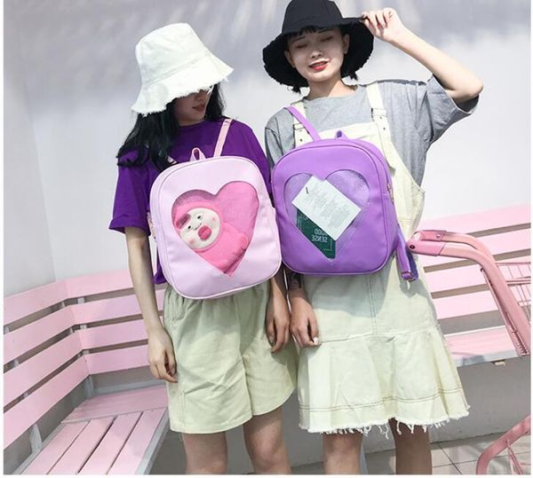 

women backpack candy color pu leather transparent love heart shape kawaii harajuku schoolbags for teenage girls style