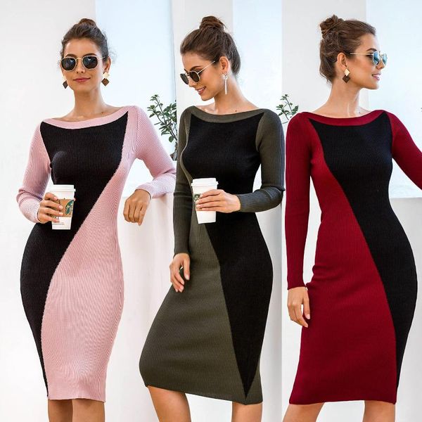 

european and american women's autumn winter long-sleeved one-shoulder contrast color knitted sweater dress casual dresses, Black;gray