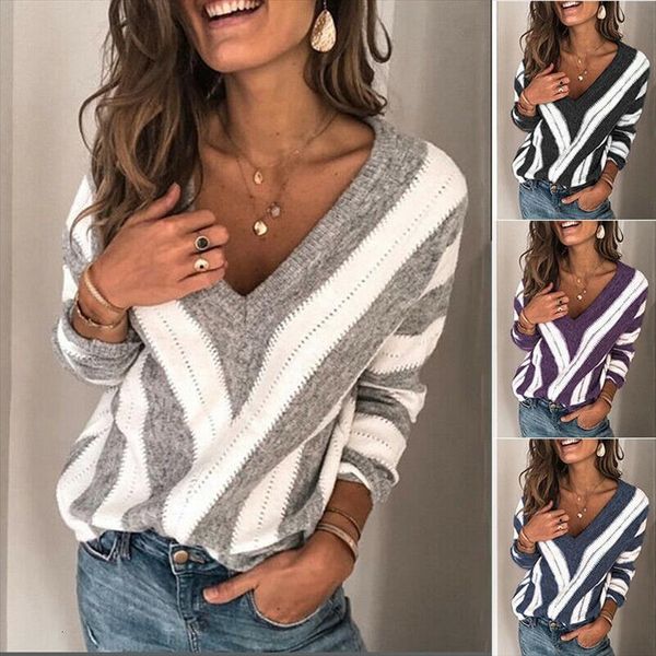 

fashion women autumn thin womens sweaters v neck long sleeve loose knit casual soft elegent stripe pullover jumper, White;black