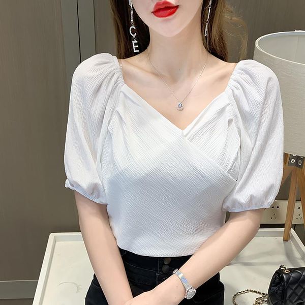 

women's blouses & shirts 2021 summer short sleeve women chiffon blouse shirt fashion v-neck puff office lady blusas, White