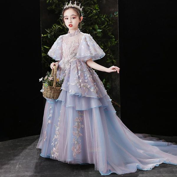

girl's dresses high neck luxurious ball gown short sleeves embroidery floor-length kids party communion girl for weddings dh062, Red;yellow