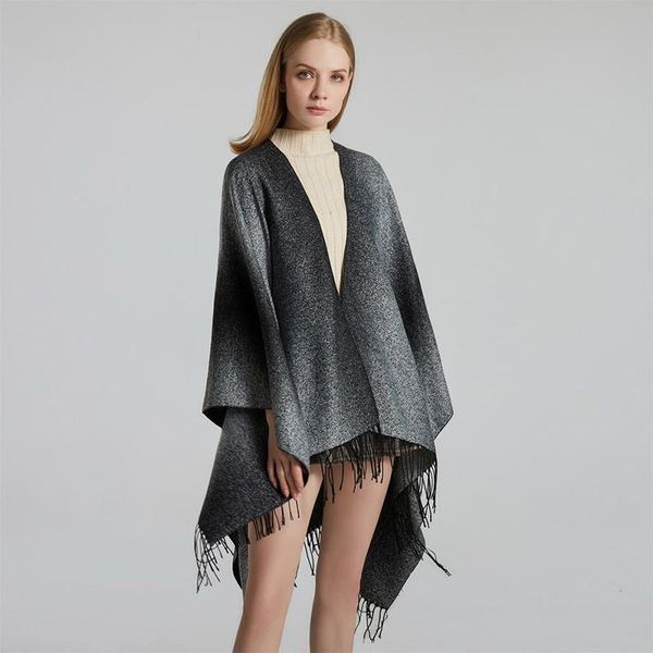 

arrival fashion comfortable elegant gradient scarf winter vintage thick warm tassel ol knit poncho scarves, Blue;gray