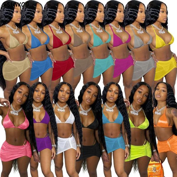 

women's swimwear gsuwoo bikini 3pcs set women neon solid strap halter bra ruched mini skirts panties suit summer outfit beach swim, White;black