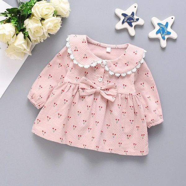 

girl's dresses spring baby girls cute cherry print long sleeve children's dress for kids bowknot princess lovely vestidos, Red;yellow
