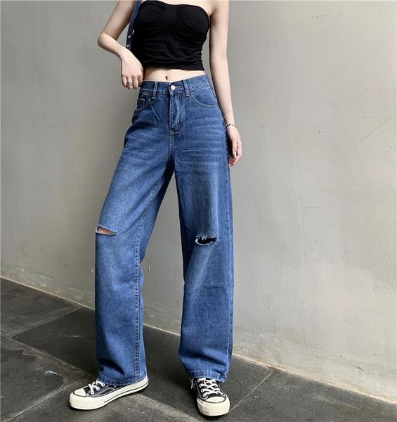 

fashion korean version of the wide-leg ripped denim straight leg jeans women's, Blue