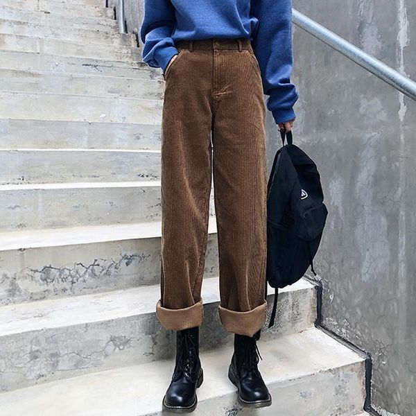 

vintage corduroy pants women high waist straight female autumn winter plus size trousers pantalon femme women's & capris, Black;white