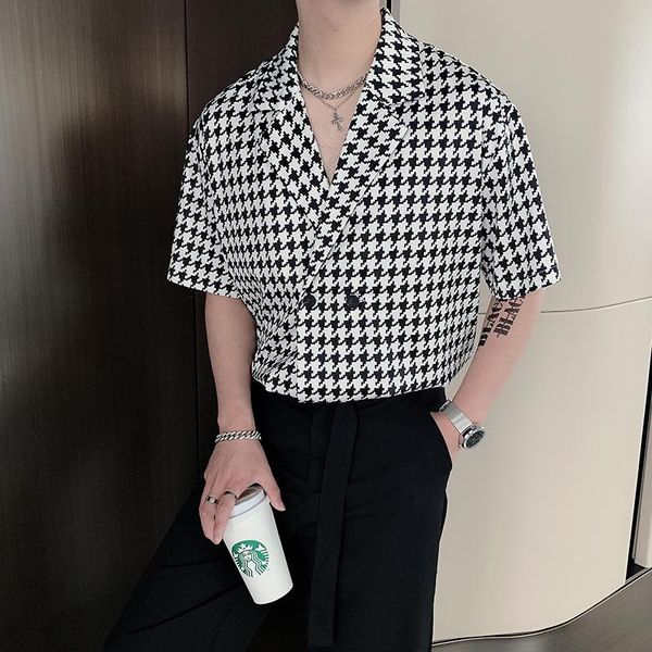 

men's casual shirts summer thin niche design shirt advanced feeling thousand bird grid red short sleeve ruffian handsome light mature w, White;black