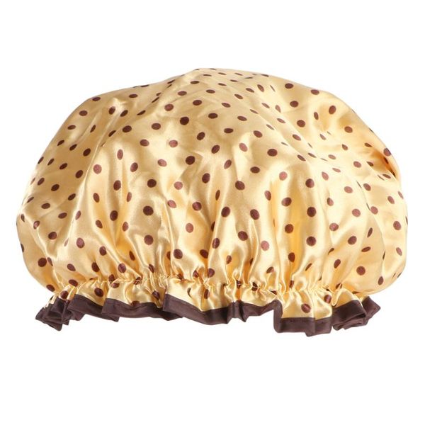

shower caps double-deck waterproof dot cap satin bathing hat (yellow)