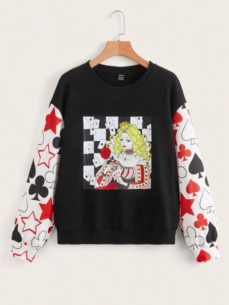 

drop shoulder figure & playing card graphic sweatshirt n4ej#, White;black