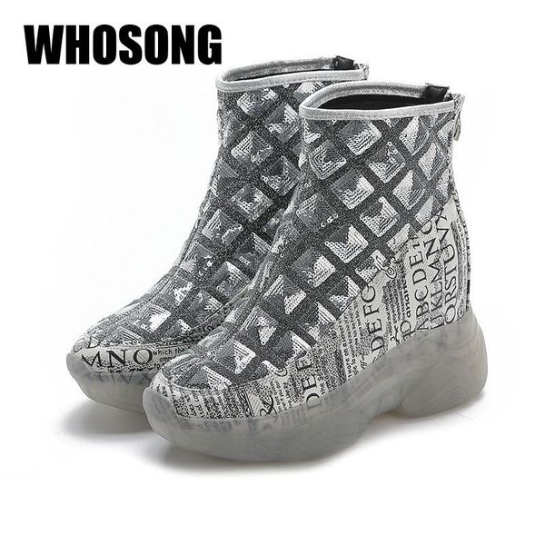 

boots women ladies high increasing shoes woman bling ankle female sequined brand girls slip on platform wedges, Black