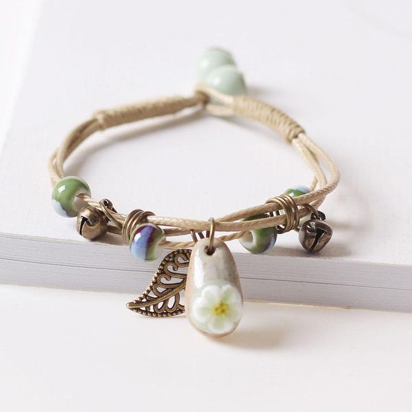 

charm bracelets bohemia ethnic style pendant diy handmade stone ceramic bead bracelet vintage lace weave charms women girl friend gift, Golden;silver