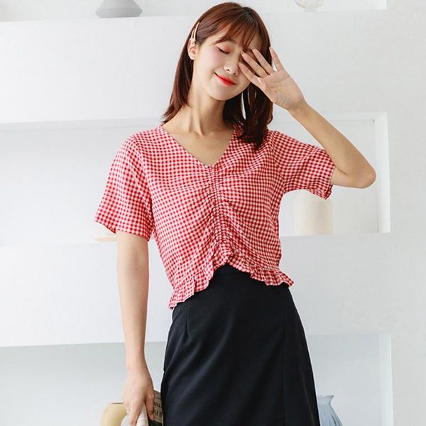 

v-neck plaid blouse shirts women short sleeve ladies casual for fashion summer women's blouses &, White
