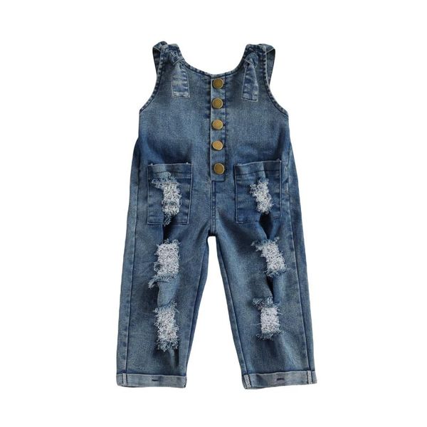 

jumpsuits 1-6 years little girl's overalls wide shoulder strap one piece trousers with two pocket old fashioned hole jumpsuit jeans, Blue