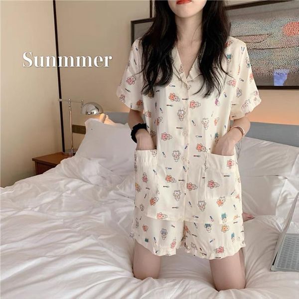 

pajamas summer silk kawaii women sleepwear pyjamas bear print cute pijamas plus size piece sets sweet lapel home suit, Black;red