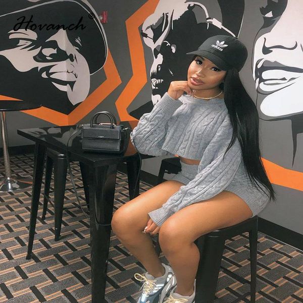 

women's tracksuits hovanch solid color round neck knitted sweater two piece set 2021 winter fashion warm street clothes, Gray