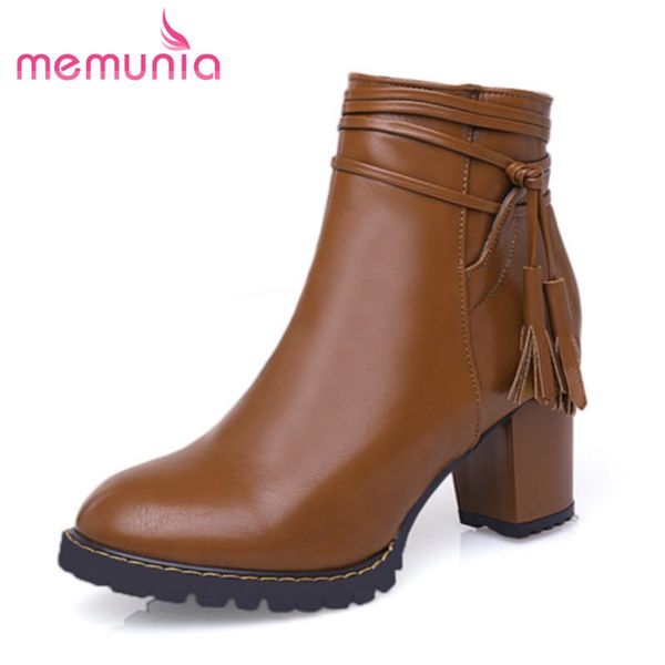 

boots memunia 2021 arrive simple women ankle thick heels round toe soft leather elegant big size 30-47, Black
