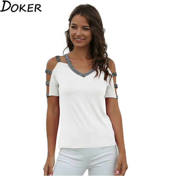 

fashion summer t shirt women v-neck short sleeve off shoulder tshirt female plus size streetwear tight tee shirt femme 210423, White
