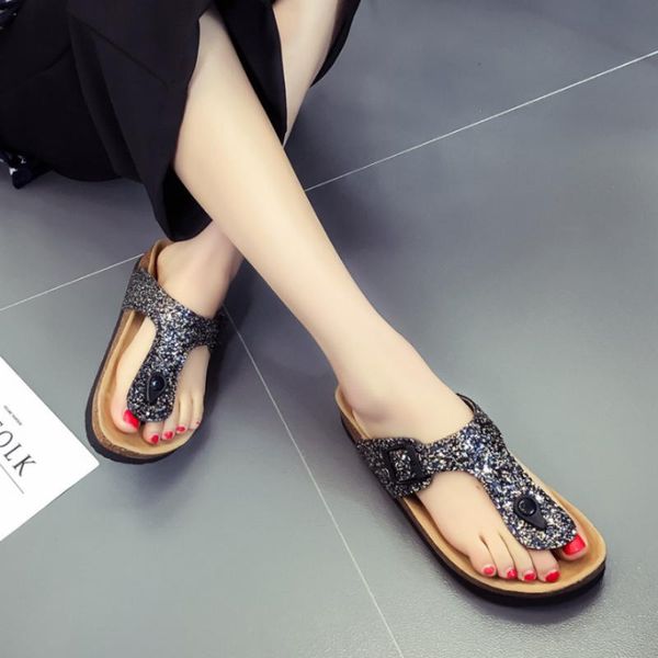 

slippers 2021 contracted design summer outdoor wear beach flat bottom women's large size sequins bling soft, Black