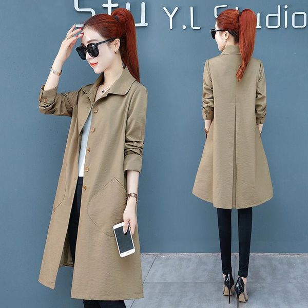 

women's trench coats women spring single breasted solid plus size 3xl loose autumn medium long leisure korean style elegant chic, Tan;black