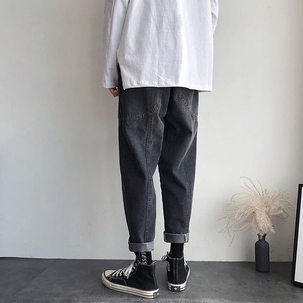 

spring japanese cotton stitching straight feet couple loose version trend casual original jeans men's, Blue