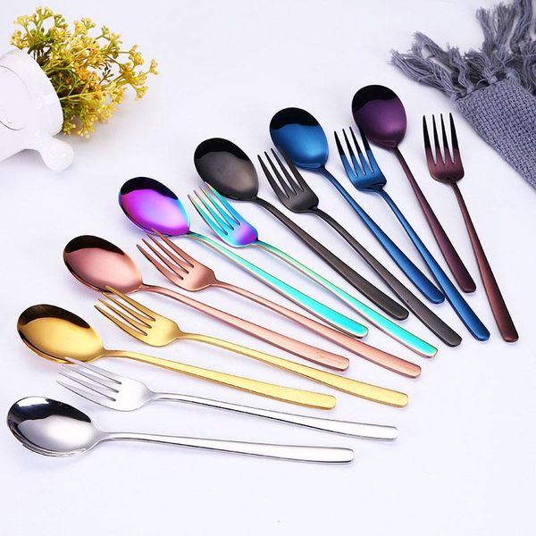 

spoons stainless steel cutlery tableware red gold spoon set forks knives kitchen dinnerware drop