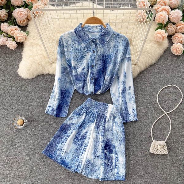 

women's tracksuits autumn women blue irregular tie dye two piece set female elegant turn-down collar long sleeve printed blouse+wide le, Gray