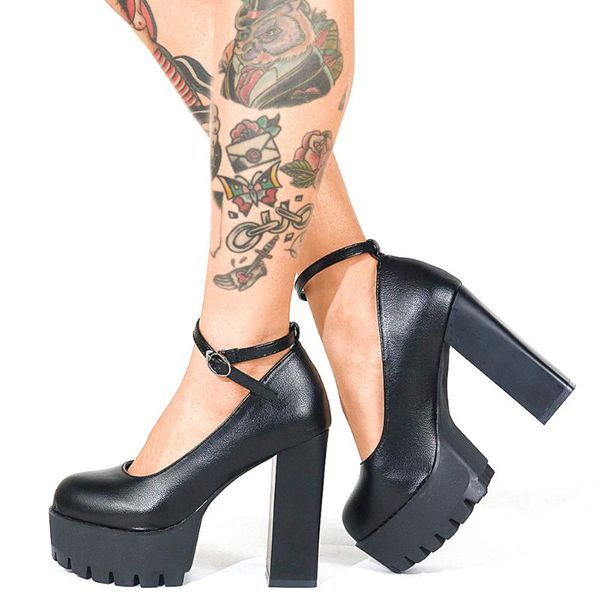 

quality spring summer high-heeled leisure block heels platform gothic pumps party office ladies black shoes women dress