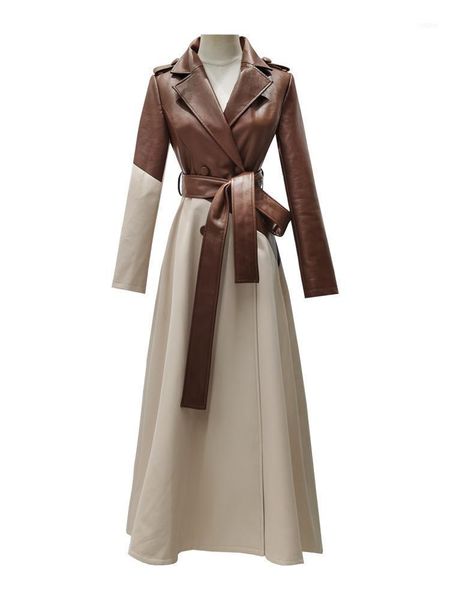 

fashion women's hit color double breasted leather jackets female long locomotive windproof coat with belt f24001, Black