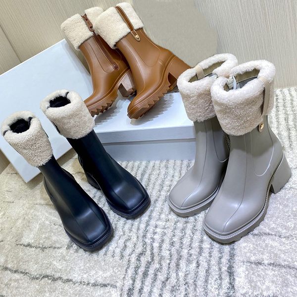 Botas de chuva femininas de lã de carneiro e lona PVC preto cinza caramelo borracha chuvas sapatos botas de tornozelo tamanho 35-40