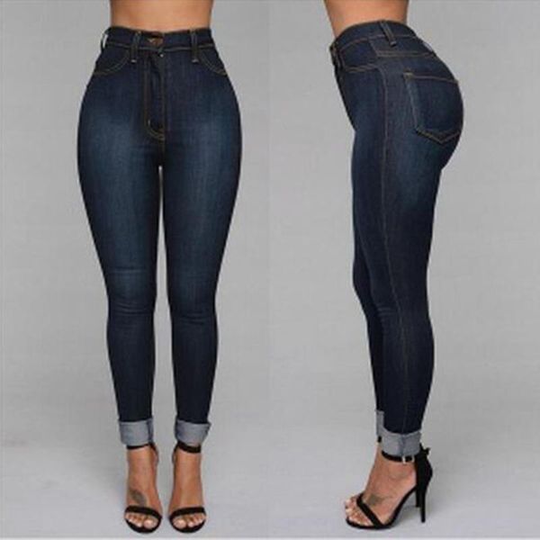 

women's fashion autumn trendy causal skinny classic pencil pants high waist leggings bottom slim jeans trousers, Blue