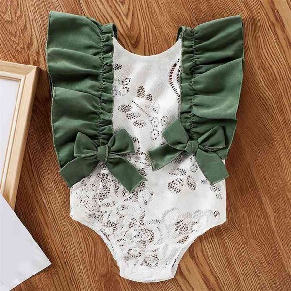 Yaz Bebek Kız Giydirin Toddler Giyim Tulum Dantel Fırfır Üçgen Romper Ilmek Bodysuit Kid 210528