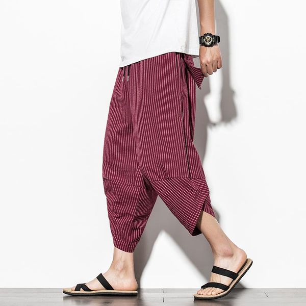 

men's pants baggy cotton harem men 2021 summer japanese vintage striped women hip hop plus size wide leg pantalon, Black
