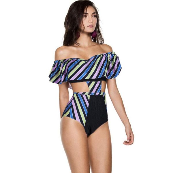 

women's swimwear women fashion boat neck collar ruffle pringting swimsuit, White;black