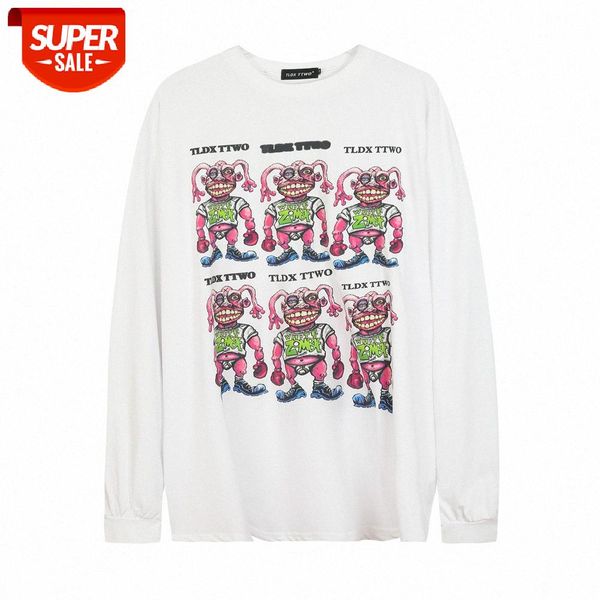 

monster print long-sleeved t-shirt men's street flow loose round neck pullover bottoming shirt #gx4r, White;black