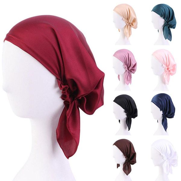 

beanie/skull caps satin night sleep solid color silk elastic band long tail streamers headscarf hats muslim women's headwear turban bon, Blue;gray
