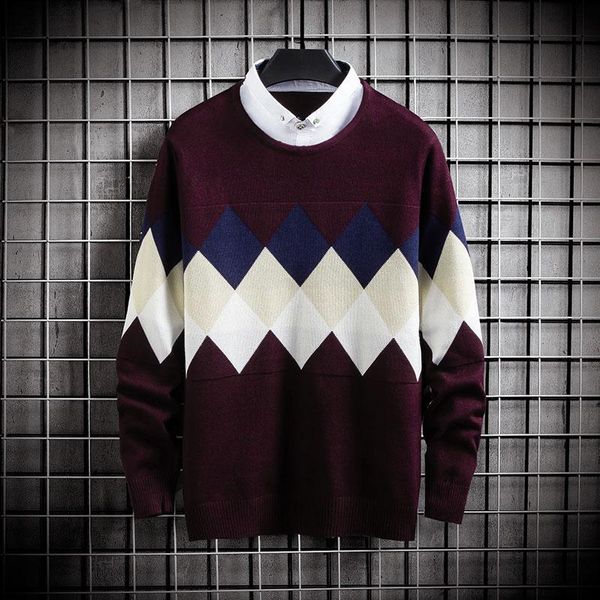 

men's sweaters men casual fake two-piece sweater long sleeve fit-knitted loose male pullover argyle pull up autumn fasion vypr, White;black