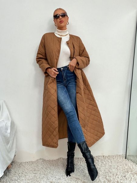 

dual pocket drop shoulder longline quilted coat p2ii#, Black