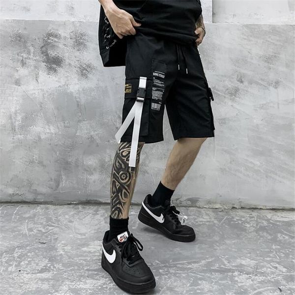 

summer white ribbons patchwork techwear cargo shorts men casual streetwear short pants bermuda masculina men's, White;black