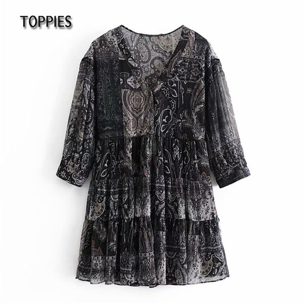 Vintage Paisley Mini Vestidos Mulheres Solto V-Neck Blusas Vestido Três quartos Sleeve Senhoras Chic Vestidos 210421