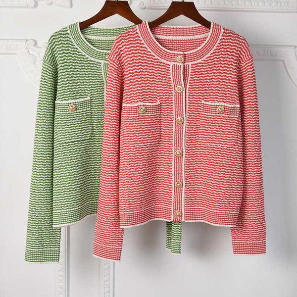 

women's knits & tees spring 2021 71%cotton stripe knitted jackets sweet o-neck cardigans c823, White